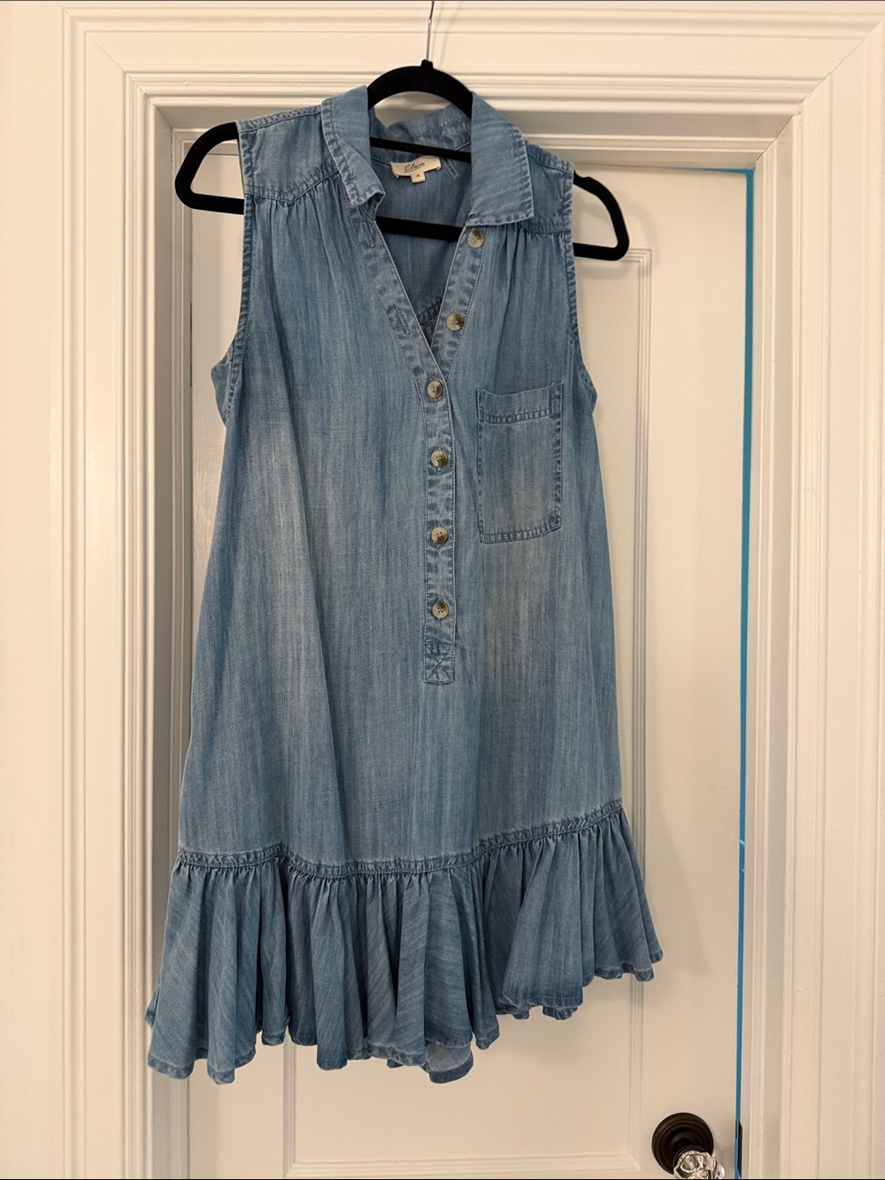 Elan Light Blue Denim Sleeveless Button Dress with Ruffle Hem